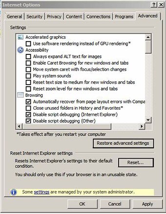 IE Advanced Settings Tab