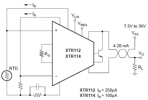 Application Circuit Diagram - Texas Instruments XTR112 & XTR114 4-20mA Current Transmitters