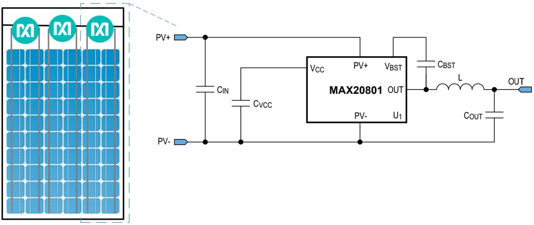 Application Circuit Diagram - Analog Devices / Maxim Integrated MAX20801 Cell-String Optimizers