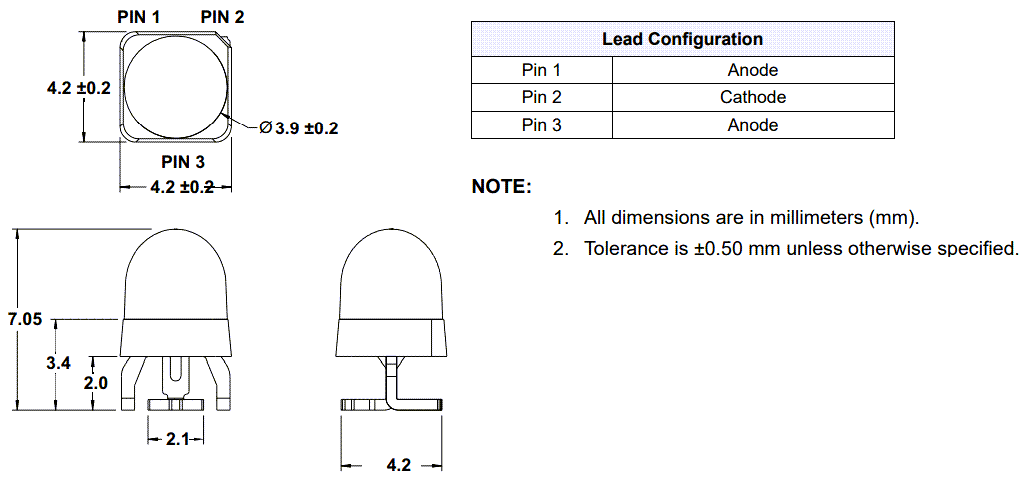 Mechanical Drawing - Broadcom AEMD-Cx2L LEDs