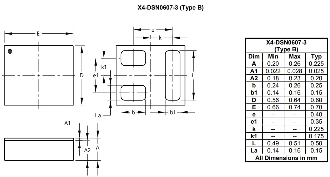 Mechanical Drawing - Diodes Incorporated DMN1057UCA3 N-Channel Enhancement Mode MOSFET
